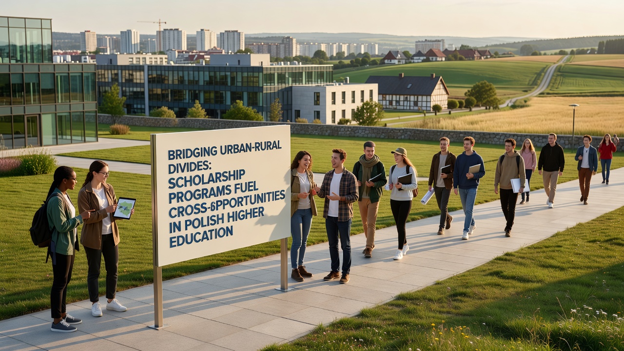 Group of scholarship recipients from rural Poland boarding a train for a cross-border exchange program