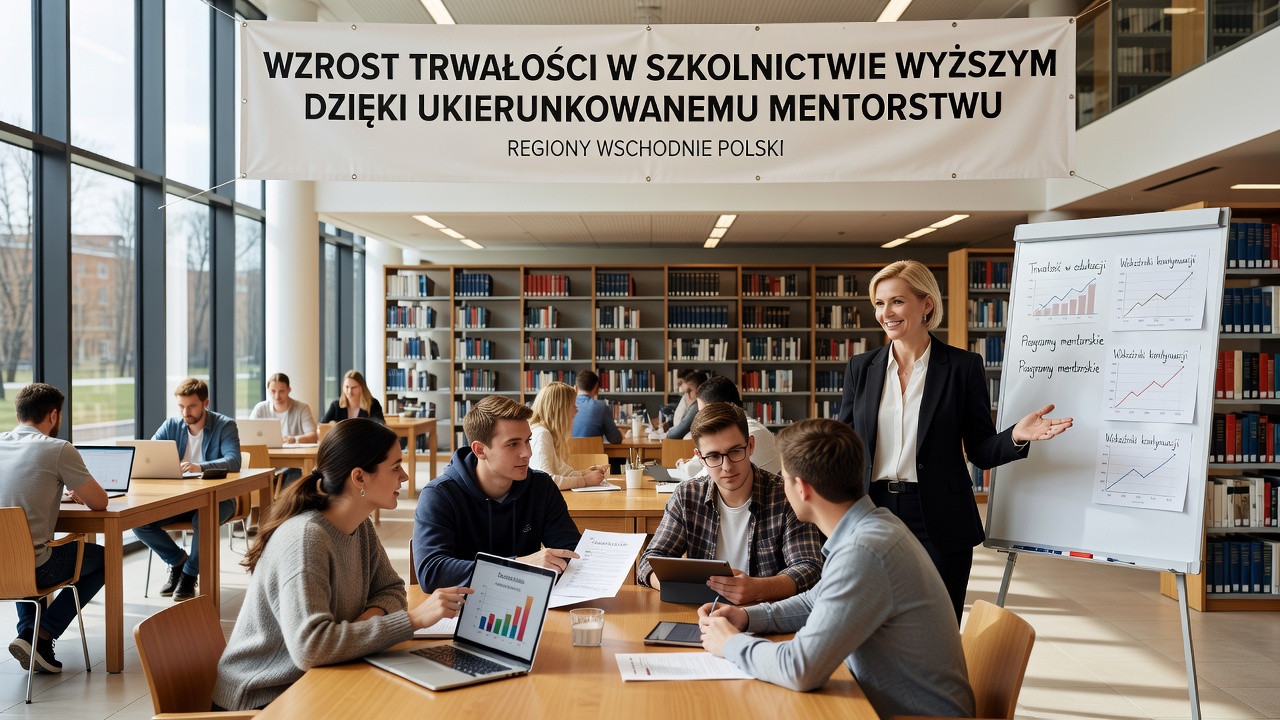 Mentor and mentee discussing academic plans in a university library setting in eastern Poland